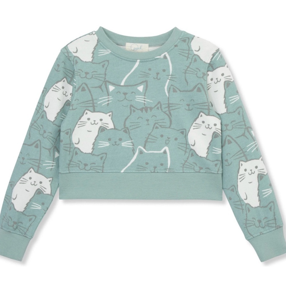 Peek Seafoam Green Cat Print Crewneck Sweatshirt